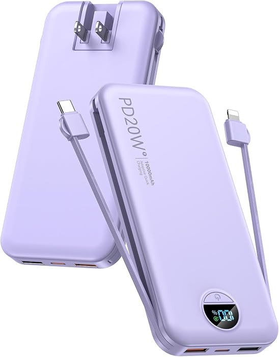 Portable Charger 10000mAh PD20W w/Built-in Cables & Wall Plug Purple | Amazon (US)