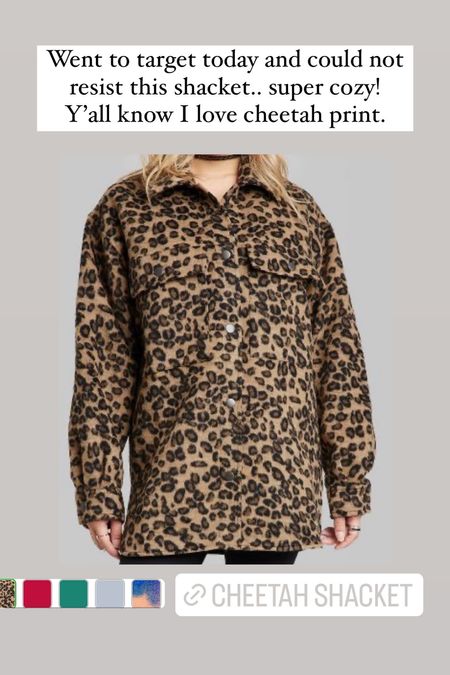 Went to Target today and could not resist this cozy shacket! Y’all know I just love anything cheetah print. This cheetah print jacket is super soft and cozy! It looks as if it might be itchy material - but it’s not at all! 👏🏻 So adorable, I’ll be wearing this a lot! 

🏷 shackets, cheetah print clothing, womens fall jackets 



#LTKunder50 #LTKSeasonal