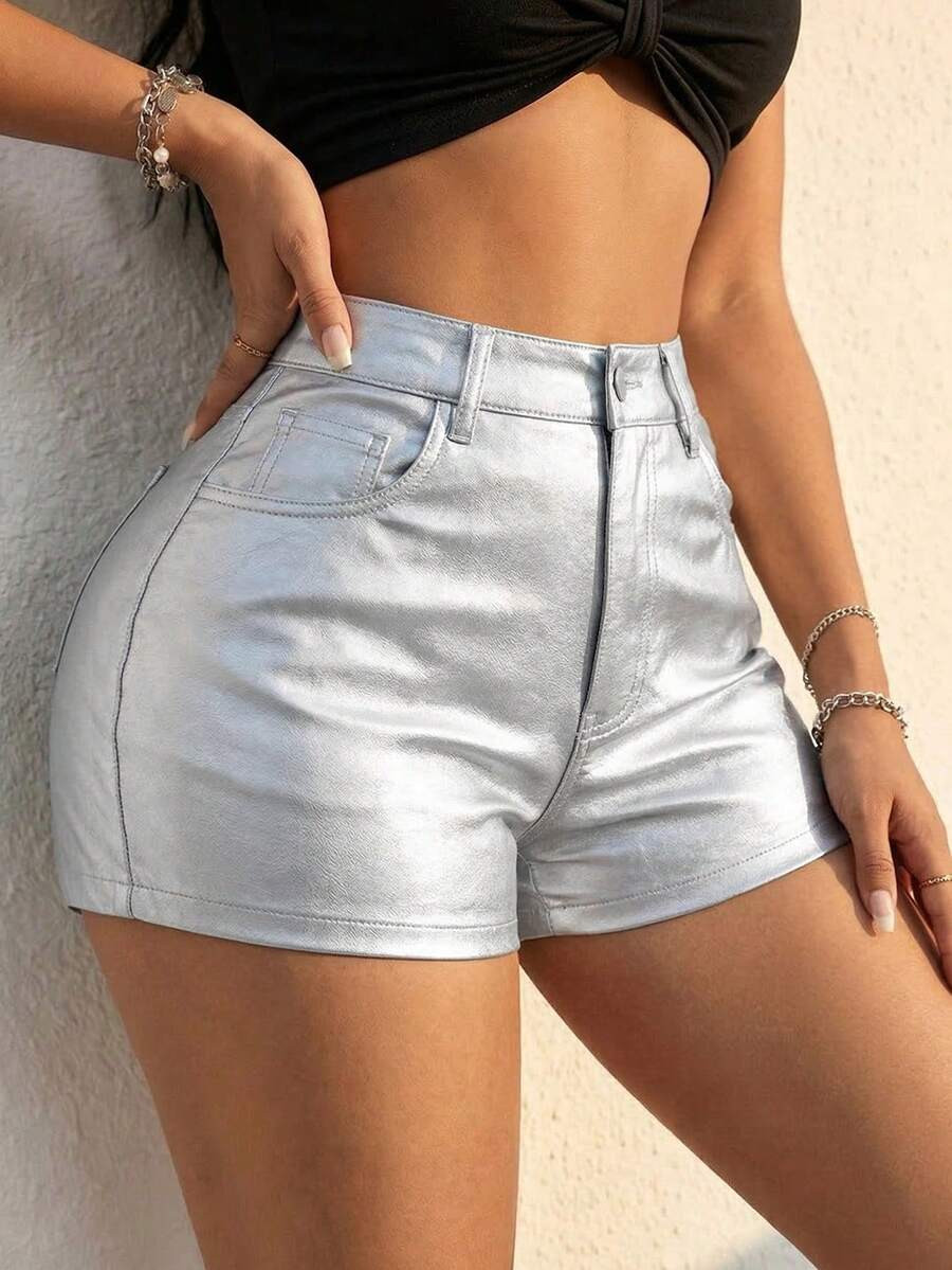 Women's Silver Coated Fabric Straight Zip Closure Shorts Summer | SHEIN