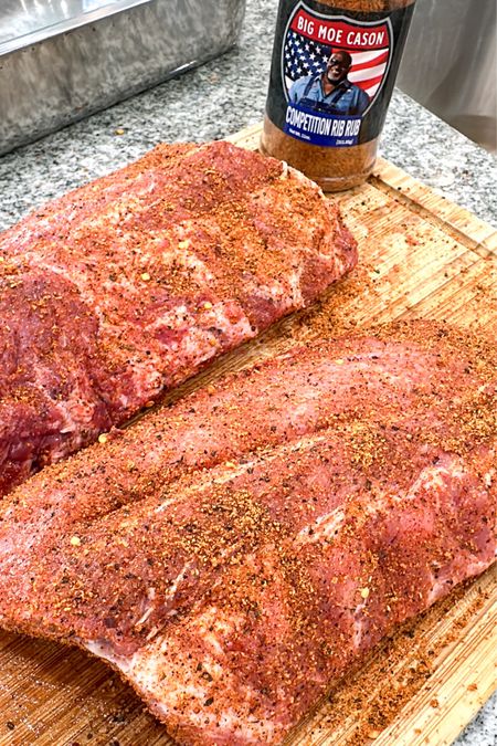 BBQ ribs on deck. I used this rib by Big Moe Cason. Big Moe Cason is a part of competition BBQ world. #BBQ #Seasonings #BBQSeasonings #Ribs #RibSeasoning #Foodie #Homecook #Products 