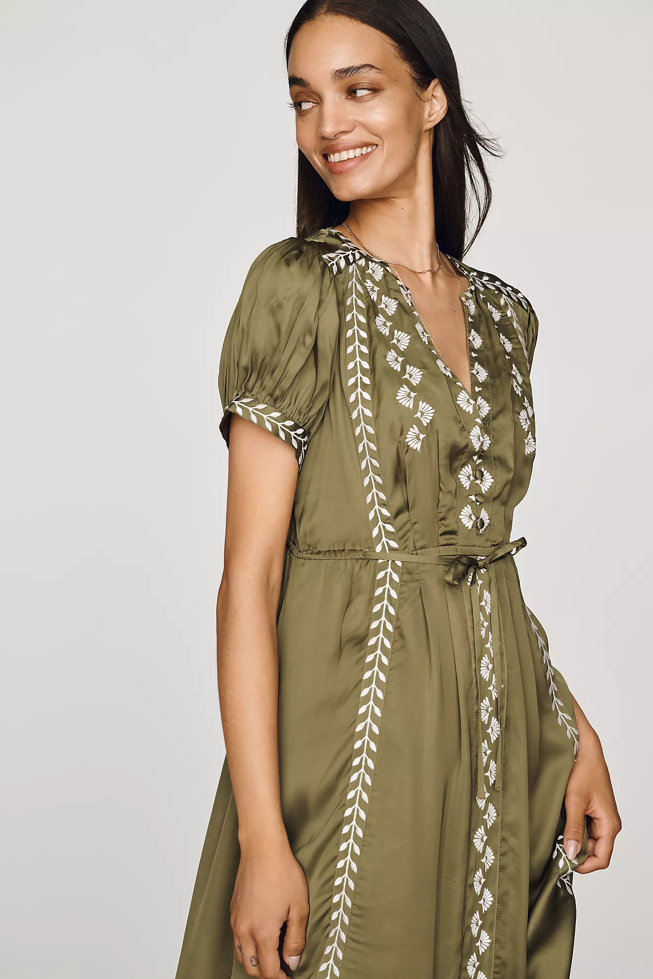 By Anthropologie Satin Embroidered Midi Dress | Anthropologie (US)