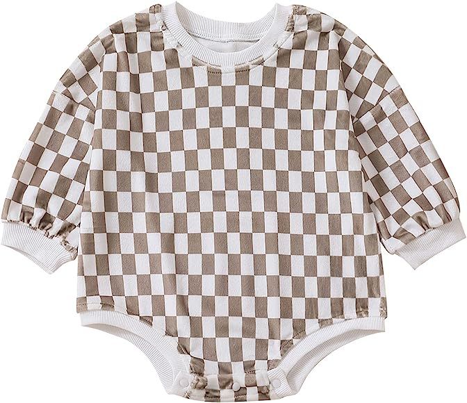 Kayotuas Baby Neutral Clothes Checkerboard Crewneck Sweatshirt Romper Oversized Long Sleeve Plaid... | Amazon (US)