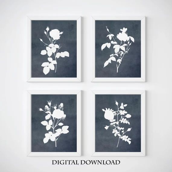 Indigo Blue Flower Wall Decor, Printable Set of 4 Watercolor Flowers, Gallery Wall Floral Print S... | Etsy (US)