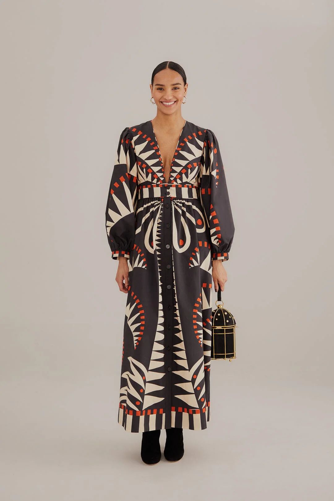 Black Coconut Grove Puff Sleeve Maxi Dress | FarmRio