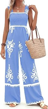 PRETTYGARDEN Womens Jumpsuit Casual One Piece Boho Summer Outfits Shirred Strap Wide Leg Long Pan... | Amazon (US)