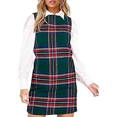 Wenrine Womens Plaid Overall Mini Dress Casual Sleeveless Round Neck A Line Short Fall Christmas ... | Amazon (US)