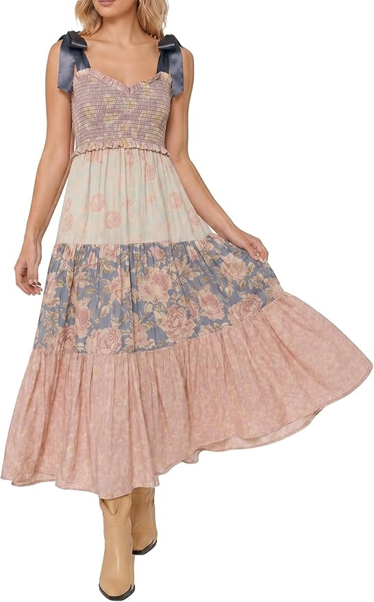 Floral Maxi Dress Boho Dresses for Women Tie Shoulder Patchwork Smocked Flowy Dress with Pockets ... | Amazon (US)