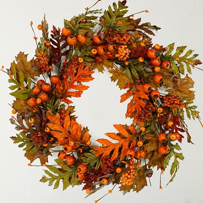 AMF0RESJ Artificial Fall Wreaths for Front Door Autumn Oak Wreath with Oak Leaves,Acorns,Berries,... | Amazon (US)