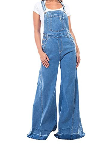 Fashion2Love Women's Juniors Adjustable Straps Bell Bottom Flared oversized Jumper Overalls in Mid Blue Denim Size 1 (4056) | Amazon (US)