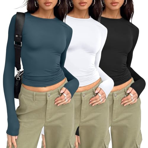 AUTOMET 3-Pack Women's Long Sleeve Crop Tops - Basic Fitted T-Shirts Set Black White Haze Blue XL | Amazon (US)