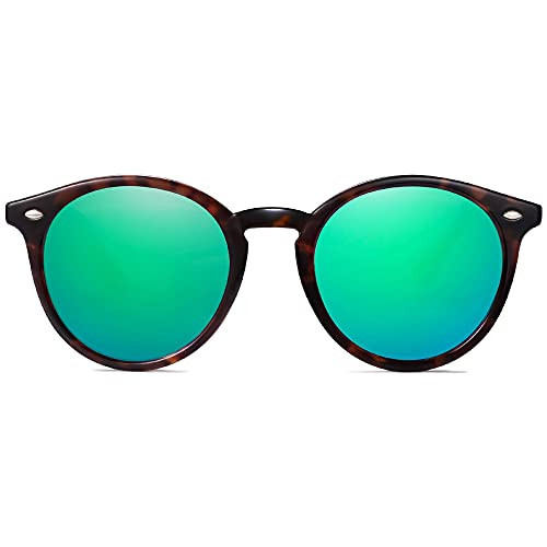 SOJOS Retro Round Polarized Sunglasses for Women Men Classic Vintage Sunnies SJ2069, Dark Tortoise/Bluish Green Mirrored | Amazon (US)