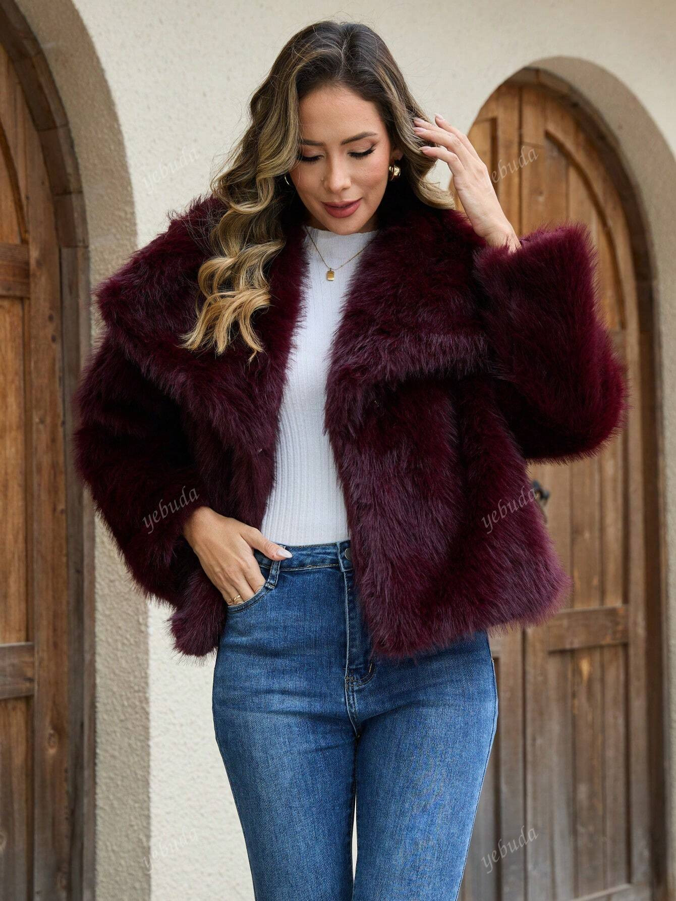 Women Faux Fur Collar Solid Color Warm Coat, Autumn/Winter | SHEIN