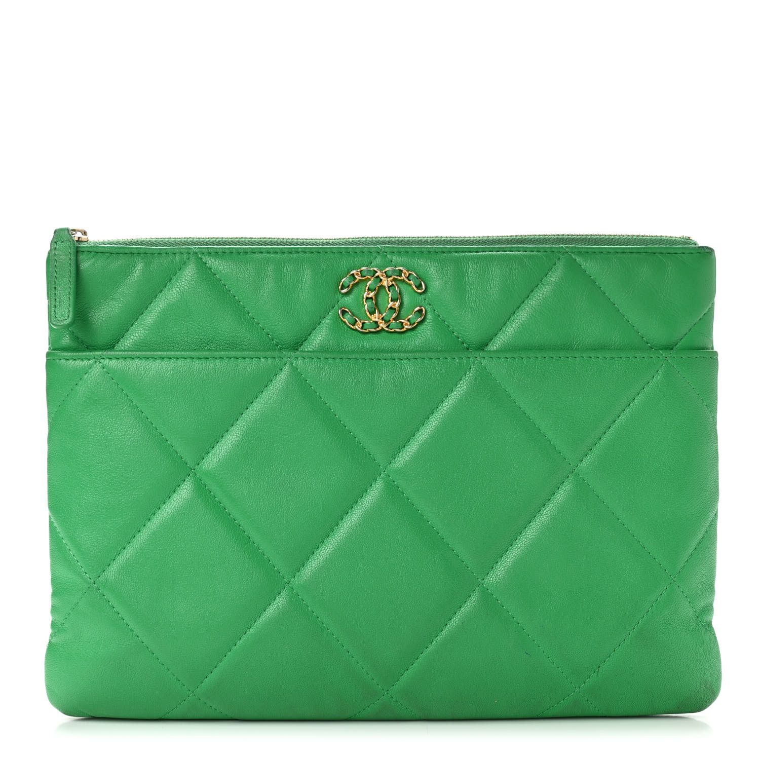 CHANEL Shiny Goatskin Quilted Chanel 19 Pouch Green | FASHIONPHILE | Fashionphile