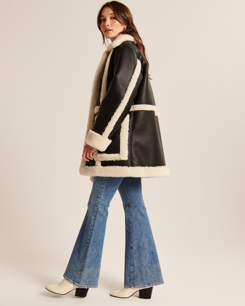 Oversized Sherpa-Lined Vegan Leather Coat | Abercrombie & Fitch (US)