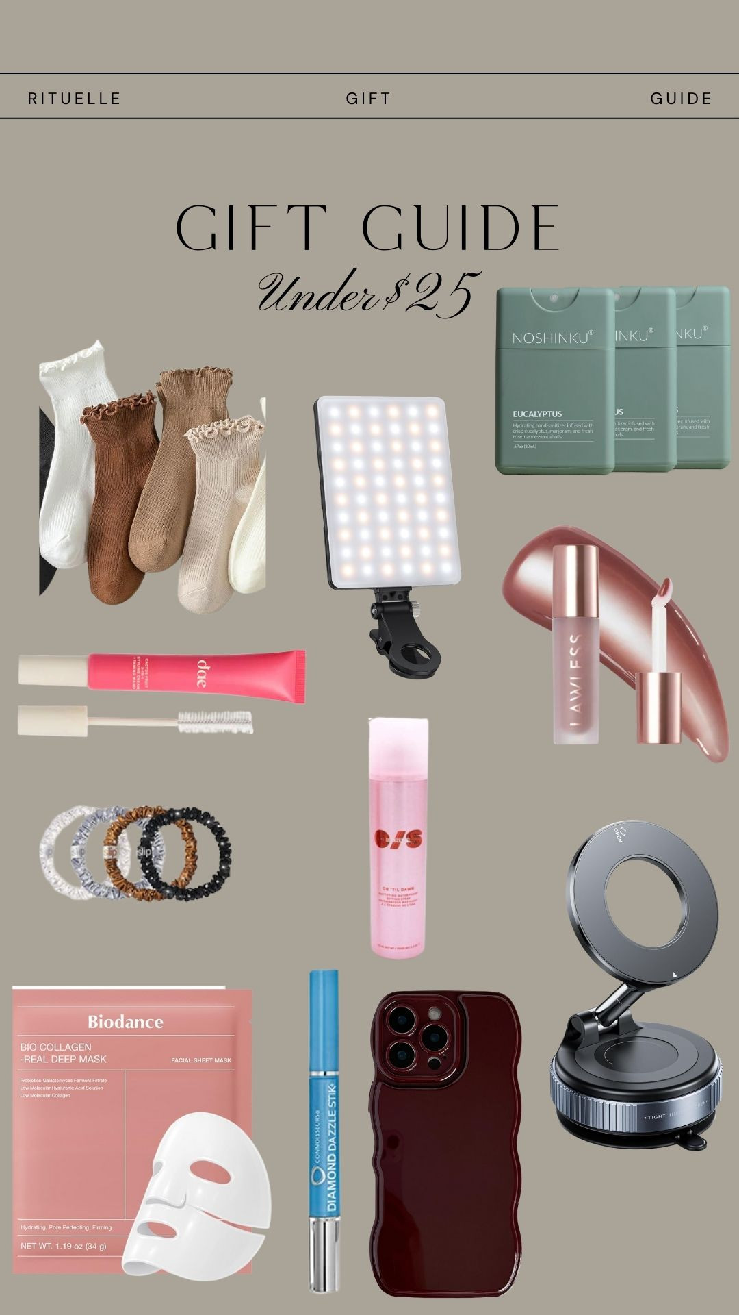 Stylish small gifts under $25: beauty minis, tinted glosses, sheet masks, phone accessories, light panels for perfect content, cute socks, hair ties, and wellness finds. Affordable, aesthetic, and guaranteed to be used. 

 

#LTKCyberWeek #LTKGiftGuide #LTKHoliday