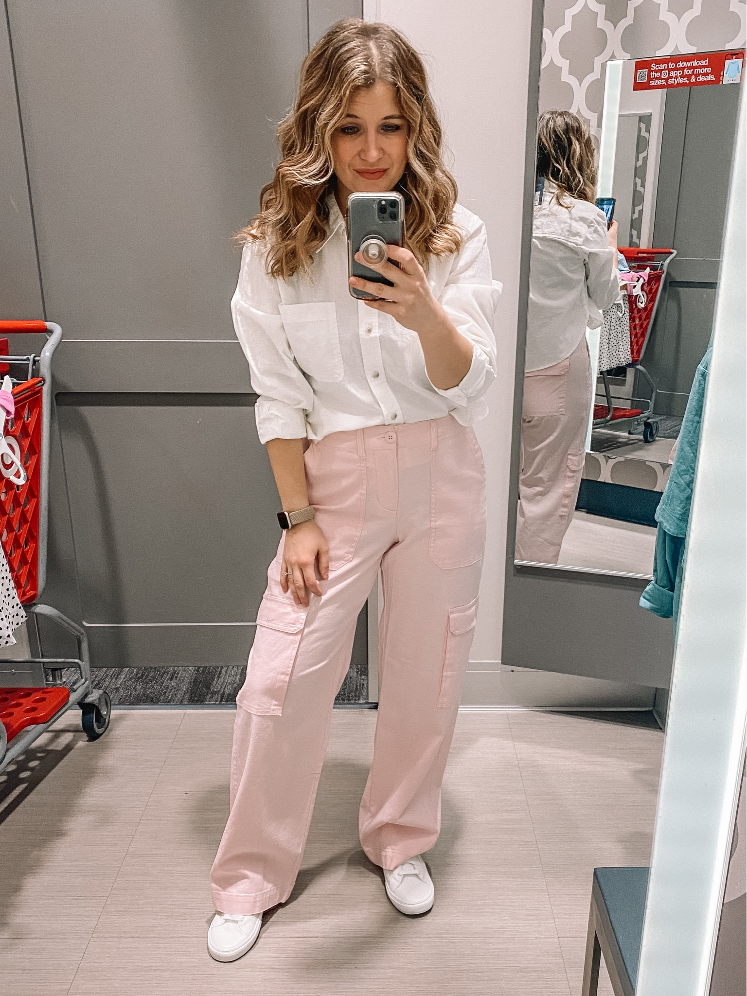 Pink cargo pants and white button down from target 

#LTKSeasonal #LTKsalealert #LTKfindsunder50