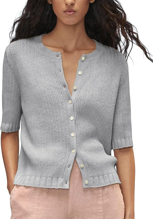 Womens Knit Cardigan Half Sleeve Lightweight Ribbed Cardigan Open Front Button Down Round Neck Ca... | Amazon (US)