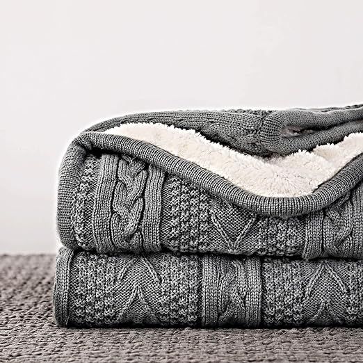 Longhui bedding Acrylic Cable Knit Sherpa Throw Blanket - Thick, Soft, Big, Cozy Grey Knitted Fle... | Amazon (US)