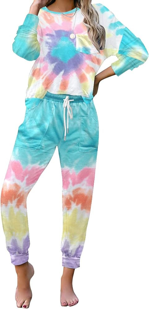luvamia Women Tie Dye Pajama Sets Long Sleeve Tops and Pants PJ Sets Joggers Loungewear Sleepwear | Amazon (US)