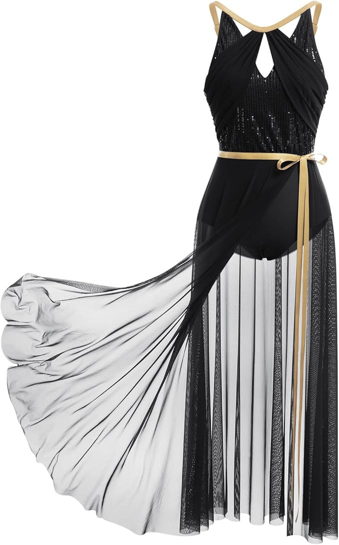 ODASDO Lyrical Dance Costume for Women Lace Sleeveless Leotard Sheer Flowy Long Wrap Skirt 2pcs O... | Amazon (US)