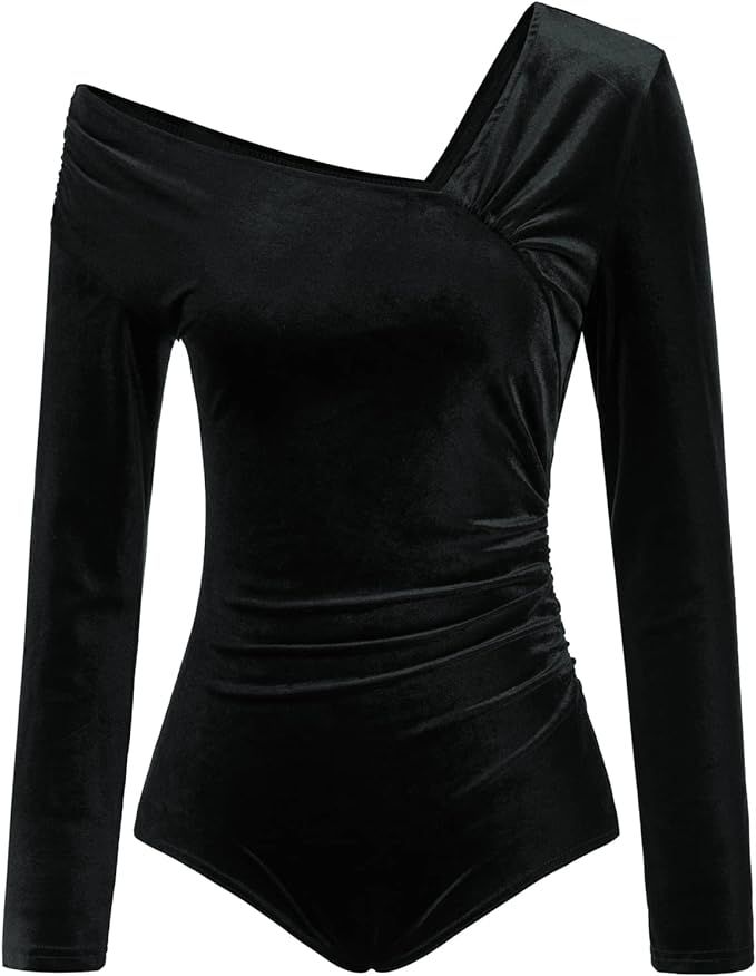 Kate Kasin Women Ruched Velvet Plunge Bodysuit Going Out Asymmetrical V Neck Off Shoulder Party T... | Amazon (US)