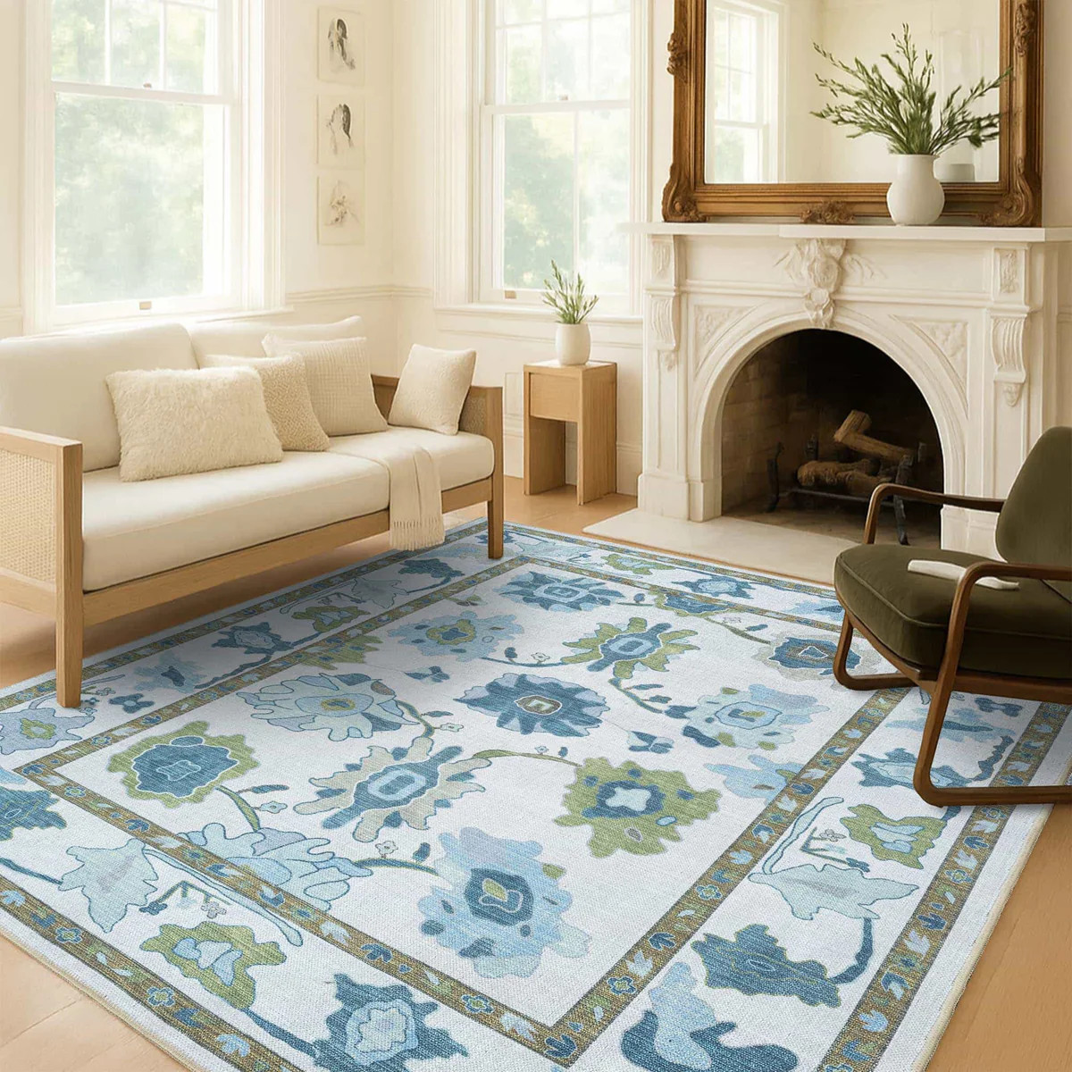 Alienore Green Blue Modern Oushak Rug - Washable Area Rugs | Fame Rugs