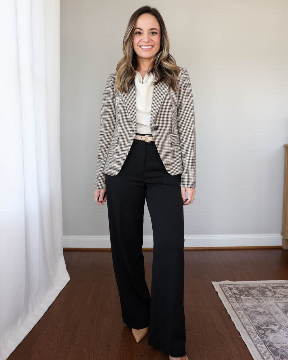 Petite-friendly Banana Republic Factory workwear looks!
￼
Outfit 1:
Brown plaid blazer (Banana Republic Factory): petite 00 
Pants (Ann Taylor): petite 00 / 10” rise / 28.5” inseam / I’m wearing my true size in curvy, but I’ll also link the standard fit 
Top (Quince): xs 
Belt (Quince): xs 
Shoes (Sam Edelman): true to size 

Outfit 2:
Long sleeve dress (Banana Republic Factory): petite xxs 
Top (J.Crew Factory): xxs 
Tote bag (Quince)
Chocolate brown heels (Sam Edelman): tts

Outfit 3:
Burgundy Wide Leg Pants (BR Factory): petite 00 / 10” rise / 28.5” inseam - true to size, elastic waist in the back 
Burgundy Short Sleeve Top (BR Factory): xxs
Tote (Quince)
Neutral heels (Sam Edelman): tts

For size comparison, I’m 4’10” 105lbs. My measurements are 32”, 24”, 36”. I typically wear petite xxs/00/24 and have a 25” ankle inseam and a 27.5-28” full length inseam.