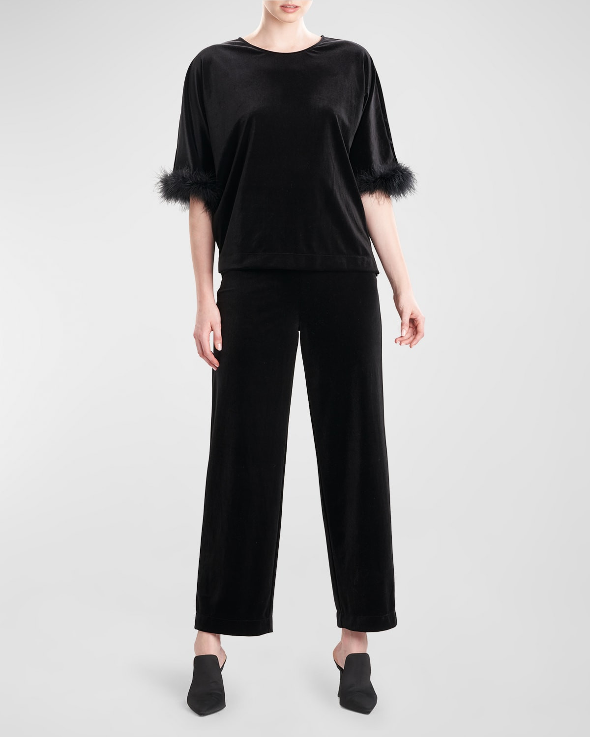 Natalie Feather-Trim Velvet Pajama Set | Neiman Marcus