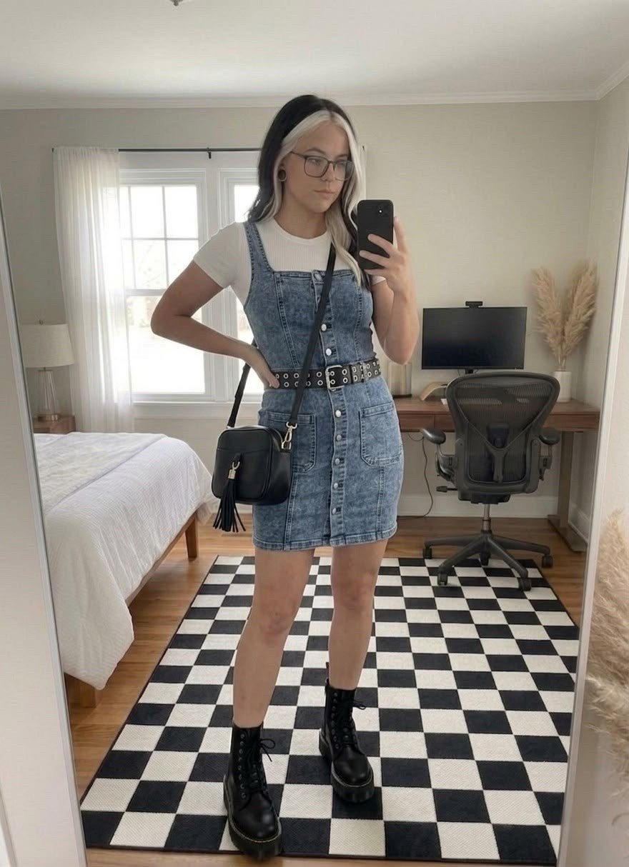 Channeling total retro vibes with this denim pinafore dress layered over a white ribbed tee, accessorized with an eyelet grommet belt, black combat boots, and a matching tassel crossbody bag. The ultimate casual, edgy fit for casual days, transitioning seasons, or weekend outings!

#LTKootd #LTKSeasonal #LTKMidsize