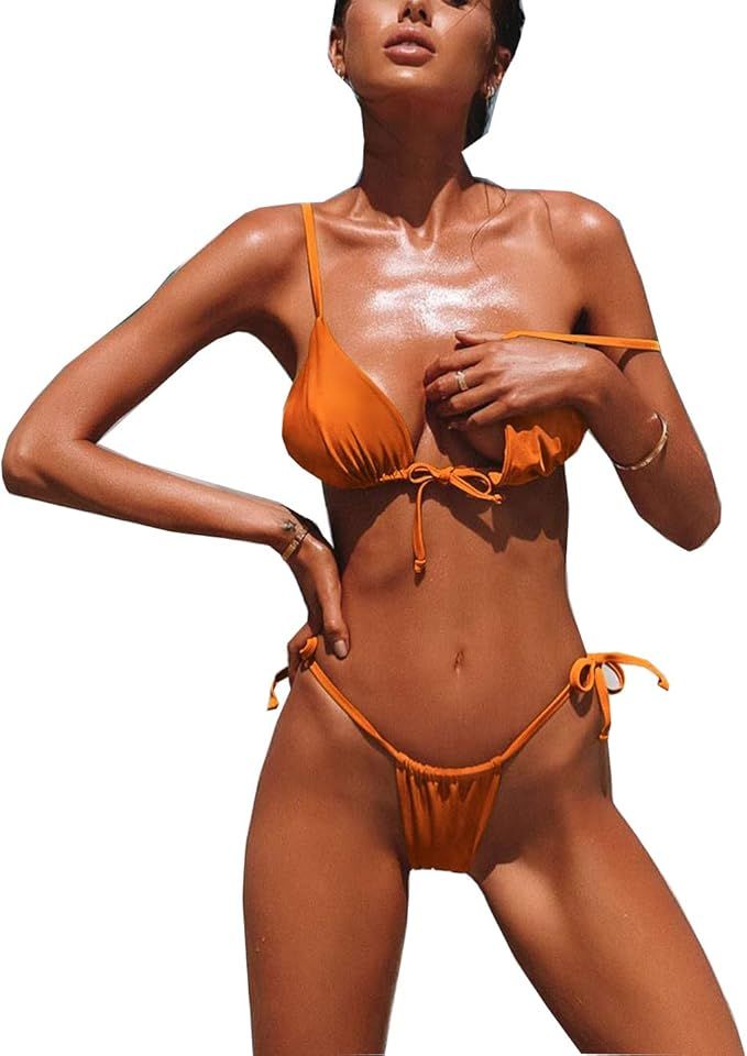 YAUASOPA Women's Solid Color String Thong Bikini Tie Knot Front Side Bikini Adjustable Skimpy Set... | Amazon (US)