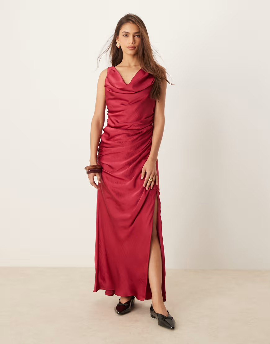 Abercrombie & Fitch cowl neck draped maxi dress in dark pink | ASOS (Global)