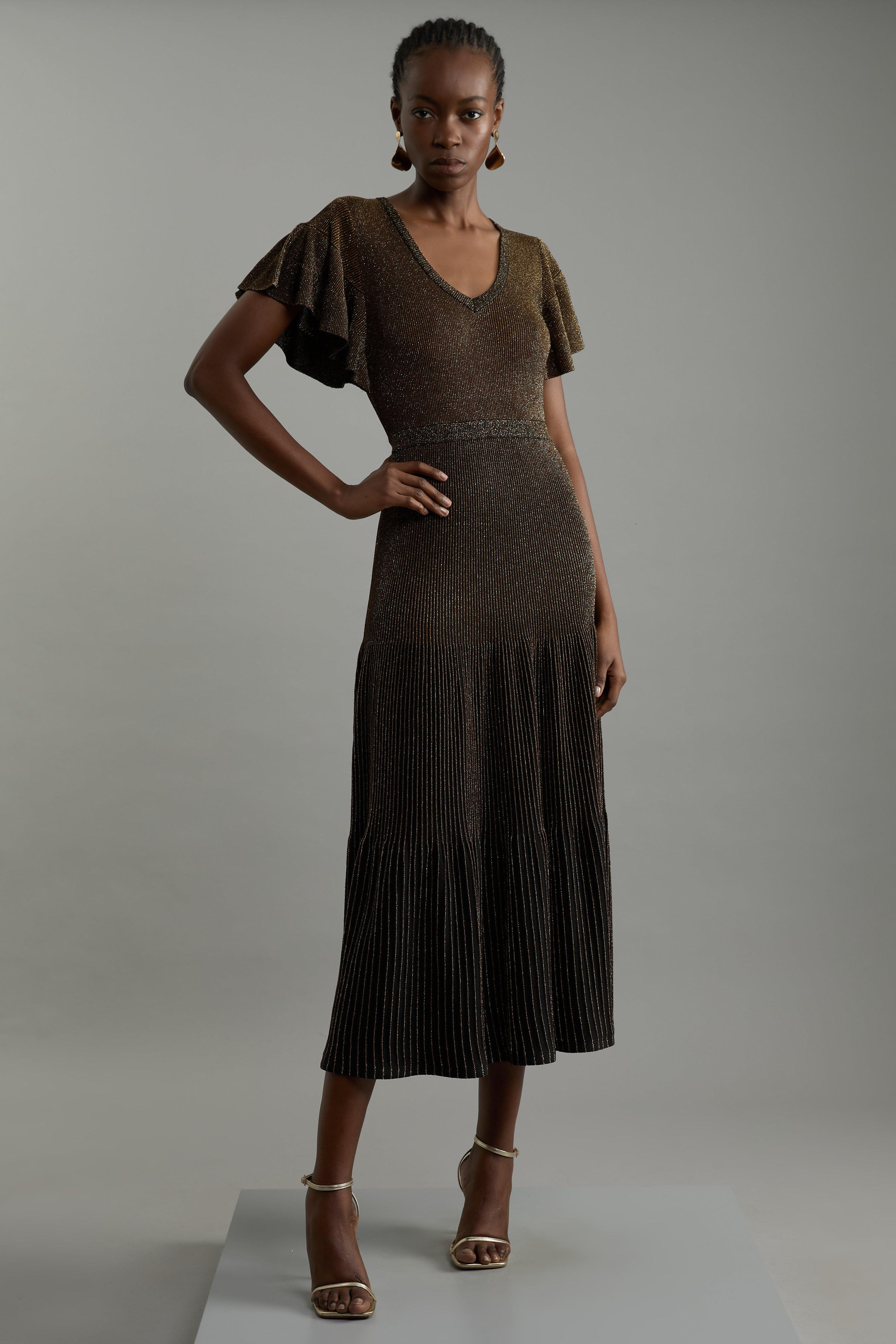 Angel Sleeve Sparkle Knit Full Skirted Midaxi Dress | Karen Millen UK + IE + DE + NL