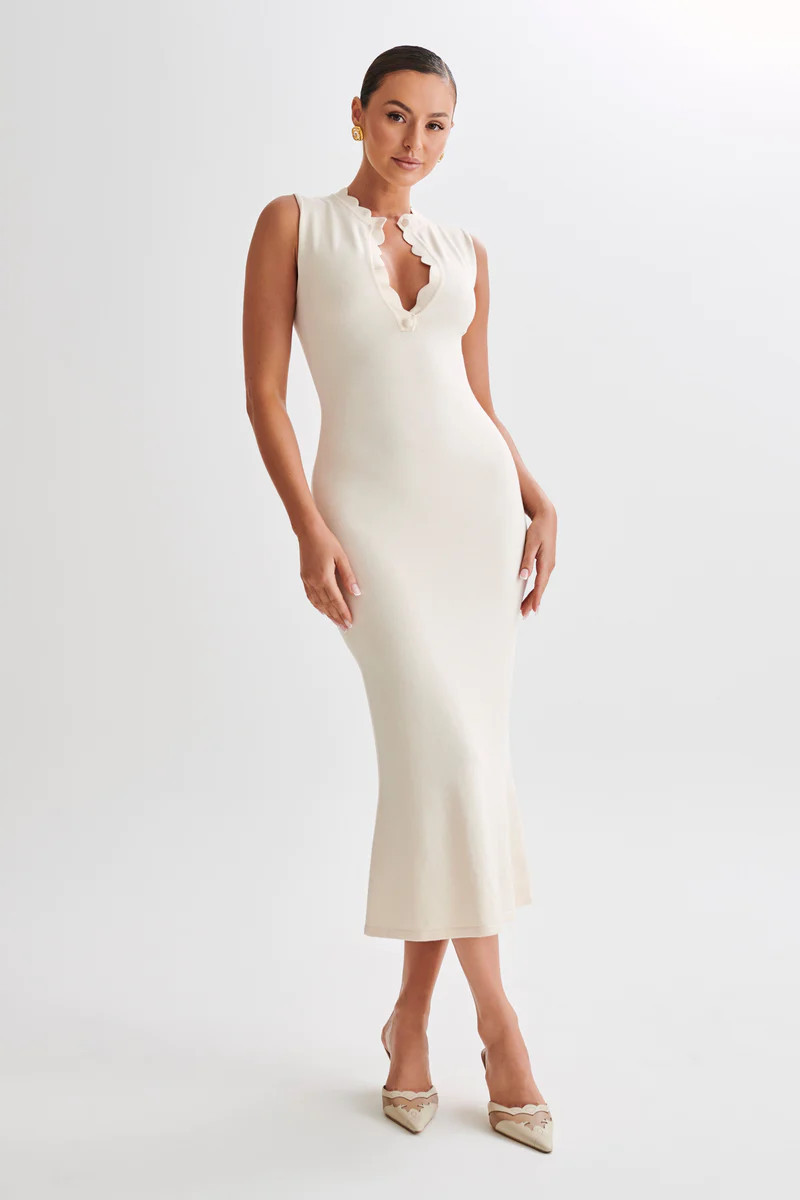 Korva Knit Midi Dress - Ivory | MESHKI US