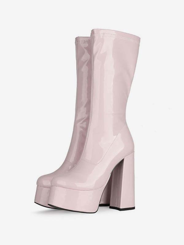 Women's Platform Chunky Heel Mid Calf Boots Patent Bright Leather High Heel Boots | Milanoo