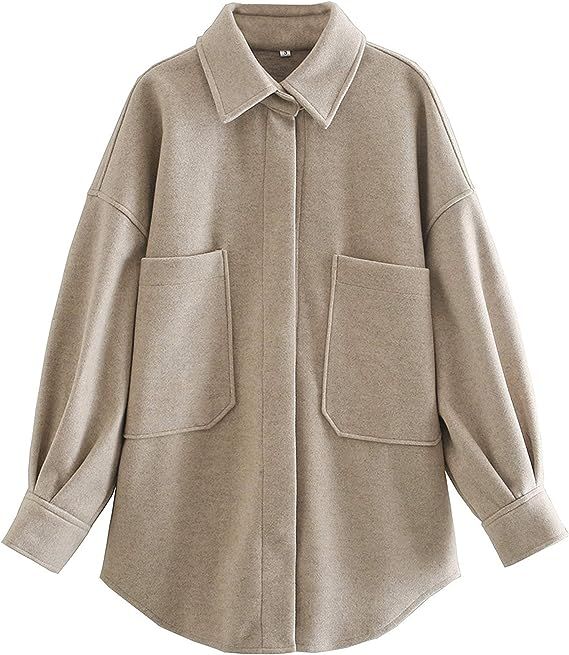 Qiaomai Womens Casual Wool Blend Lapel Snap Button Pocketed Midi Solid Shacket Coat | Amazon (US)