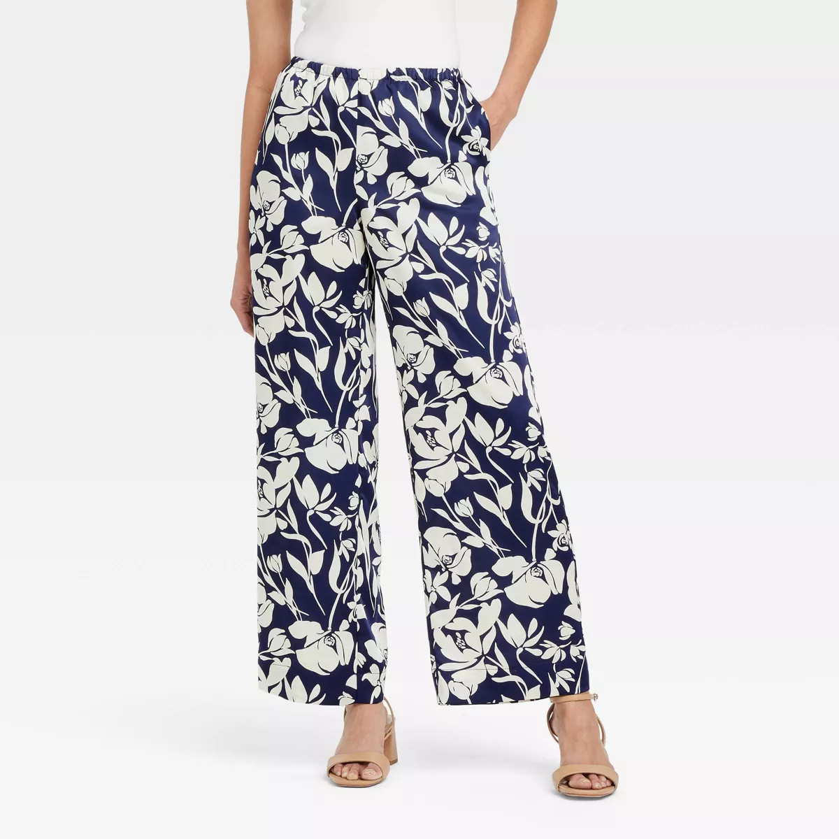Women's Mid-Rise Pull-On Satin Pants - A New Day™ Navy Blue Floral S | Target