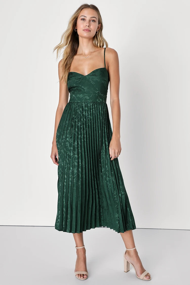 Regal Romance Emerald Floral Jacquard Pleated Satin Midi Dress | Lulus