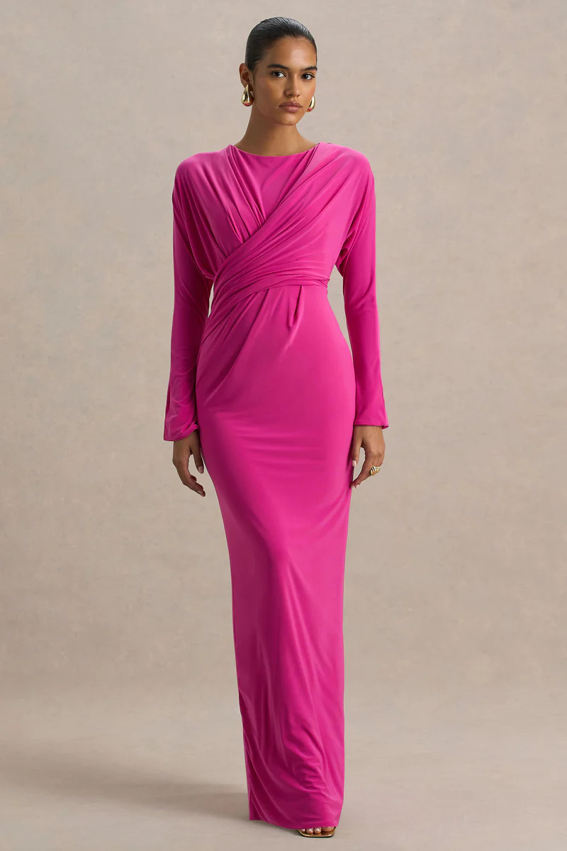Regina  Hot Pink High-Neck Draped Wrap Maxi Dress | Club L London