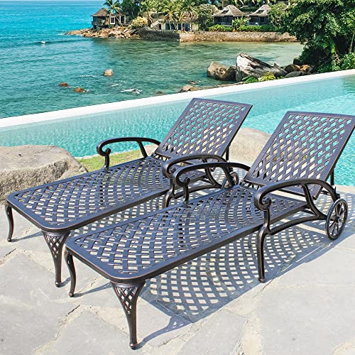 Amazon.com : HOMEFUN Chaise Lounge Chair Outdoor, Poolside Lounger Set of 2 Cast Aluminum Tanning Chairs with Adjustable Backrest and Moveable Wheels, Bronze : Patio, Lawn & Garden | Amazon (US)