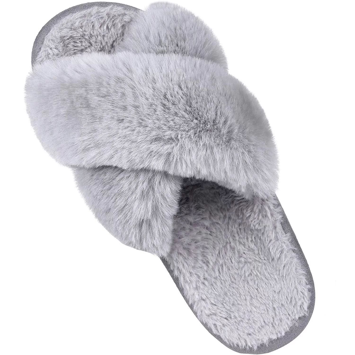 Litfun Women's Fuzzy Slippers Plush Cross Band Open Toe House Thick Sole Slippers, Grey, Size 7-8 | Walmart (US)