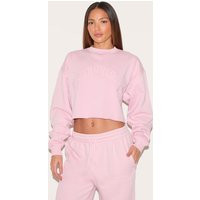 PrettyLittleThingTall Washed Pink Distressed Varsity Cropped Sweatshirt | PrettyLittleThing US