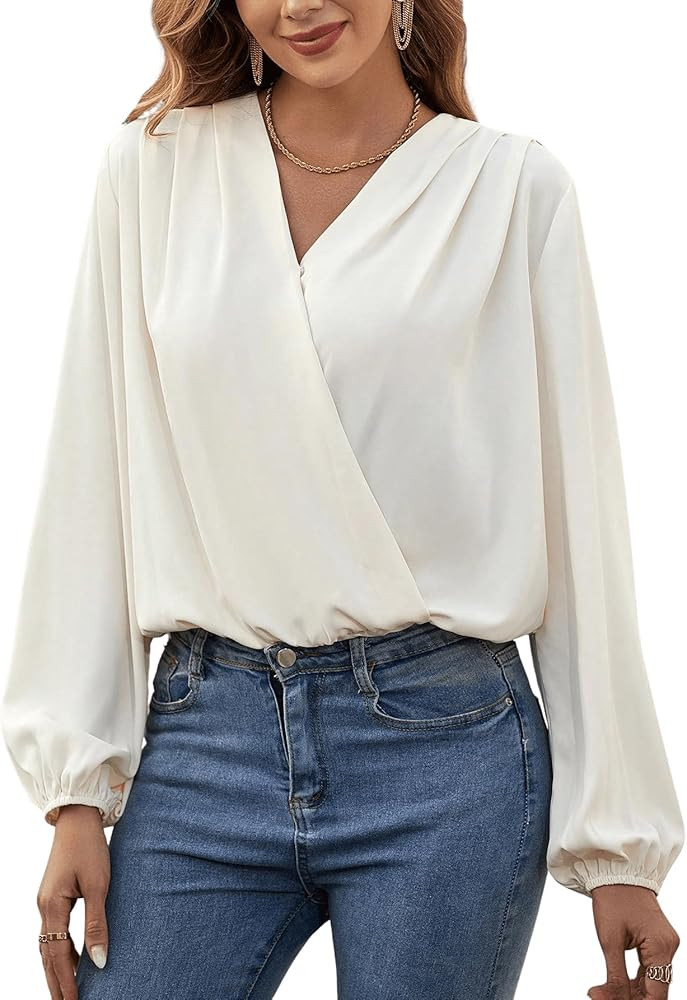 SweatyRocks Women's Elegant Lantern Sleeve V neck Solid Wrap Surplice Blouse Bodysuit Tops | Amazon (US)