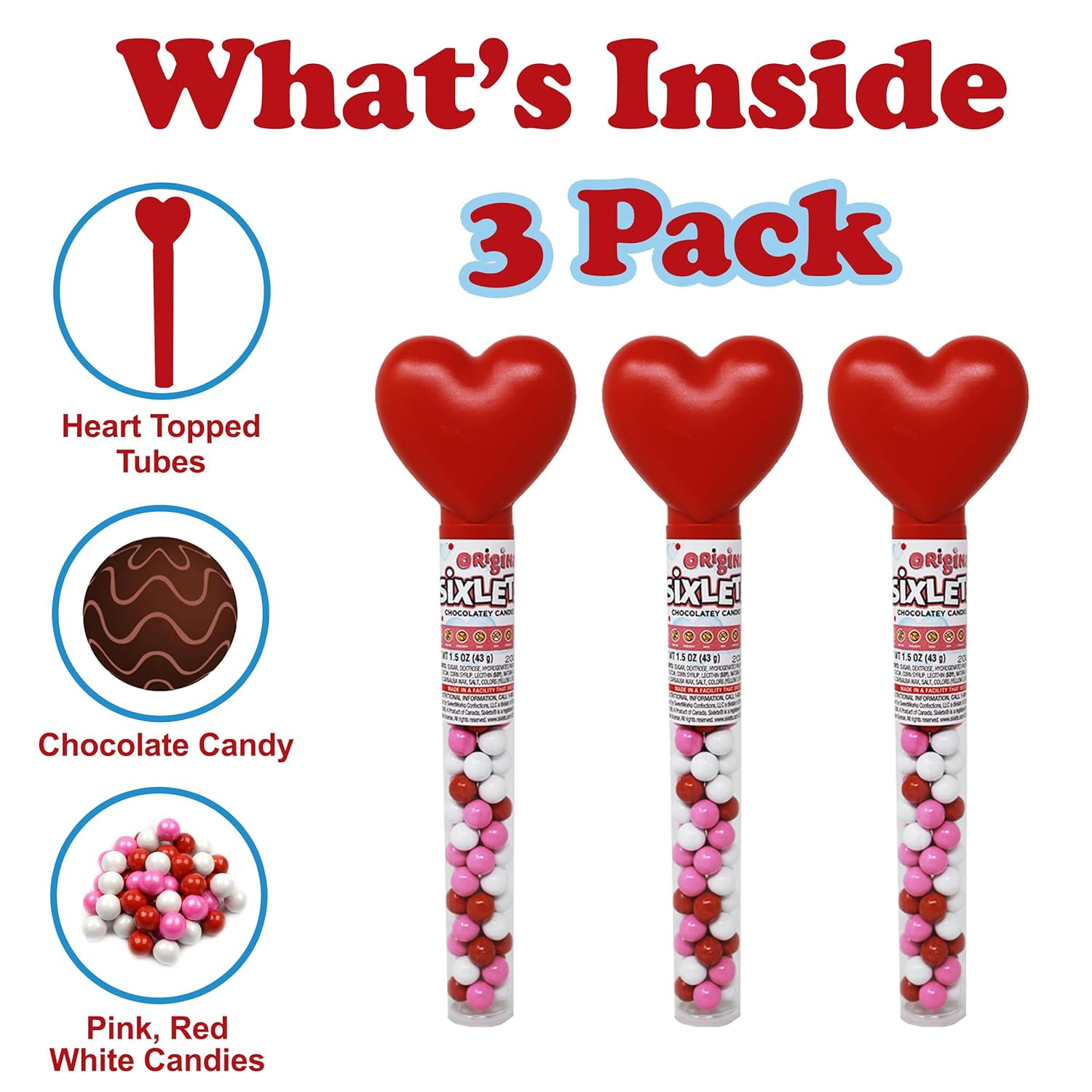 VALENTINE'S Candy, 3 Count Candy Filled Heart Tubes Pink, Red, White Candy Covered Chocolate Ball... | Amazon (US)