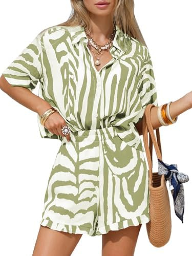 EXLURA Women 2 Piece Short Sets Faux Linen Summer Tropical Zebra Print Vacation Outfits Crop Tops... | Amazon (US)