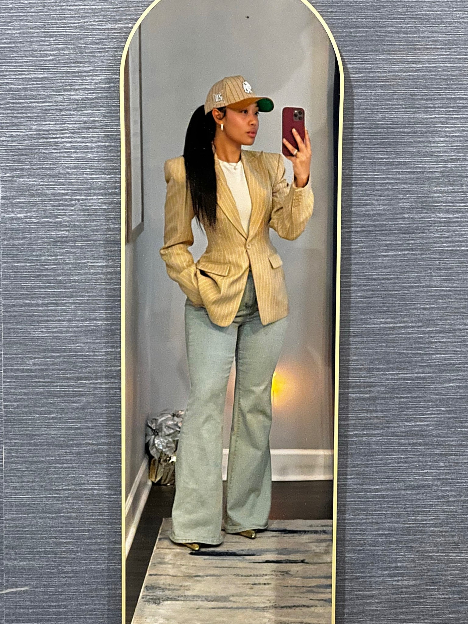 hat: @chrisbrownworldstore - “breezy bowl brown pinstripe hat”
suit jacket: @nakedwardrobe - beige still available on website
top: @skims
bottoms: @fashionnova
heels: @amazon 

#LTKootd #LTKWorkwear