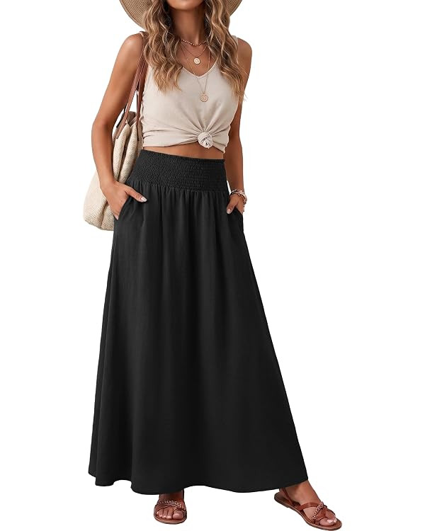 Lepunuo Maxi Skirts for Women Smocked Elastic High Waisted Casual Boho Swing Pleated Beach Long S... | Amazon (US)