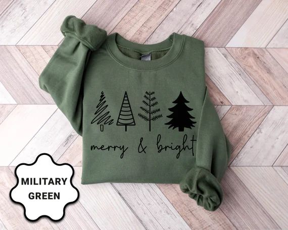 Merry & Bright Christmas Trees Sweatshirt Christmas - Etsy | Etsy (US)