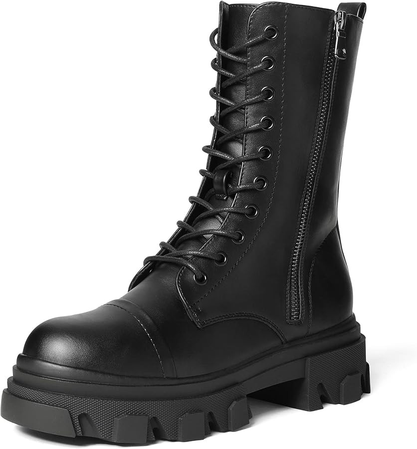 DREAM PAIRS Women's Combat Boots Lace up Mid Calf Boots Low Heel Chunky Platform Lug Sole Riding ... | Amazon (US)