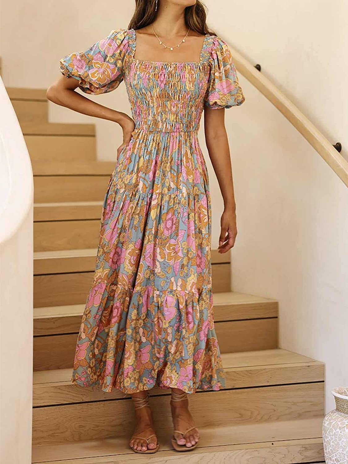 ZESICA Women's 2023 Summer Boho Floral Print Square Neck Ruffle Swing Beach Long Maxi Dress | Amazon (US)