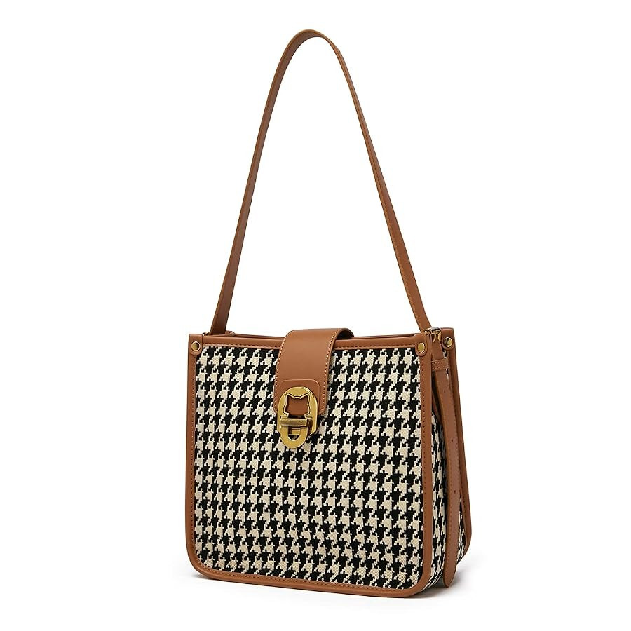 FOXLOVER Houndstooth Fabric Shoulder Bag for Women Top Handle Bucket Purse Casual Retro Portable ... | Amazon (US)